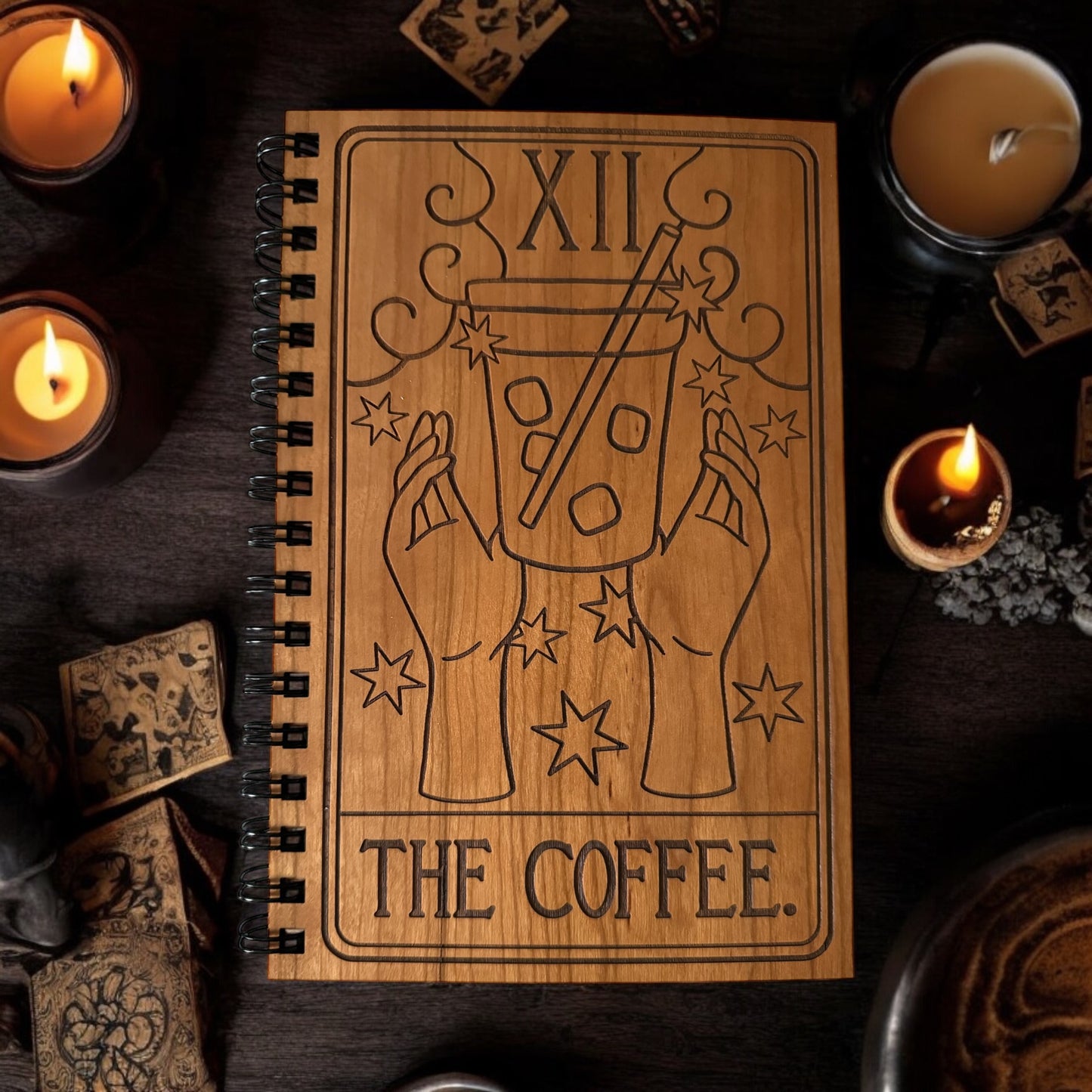 Iced Coffee Tarot Engraved Wood Notebook