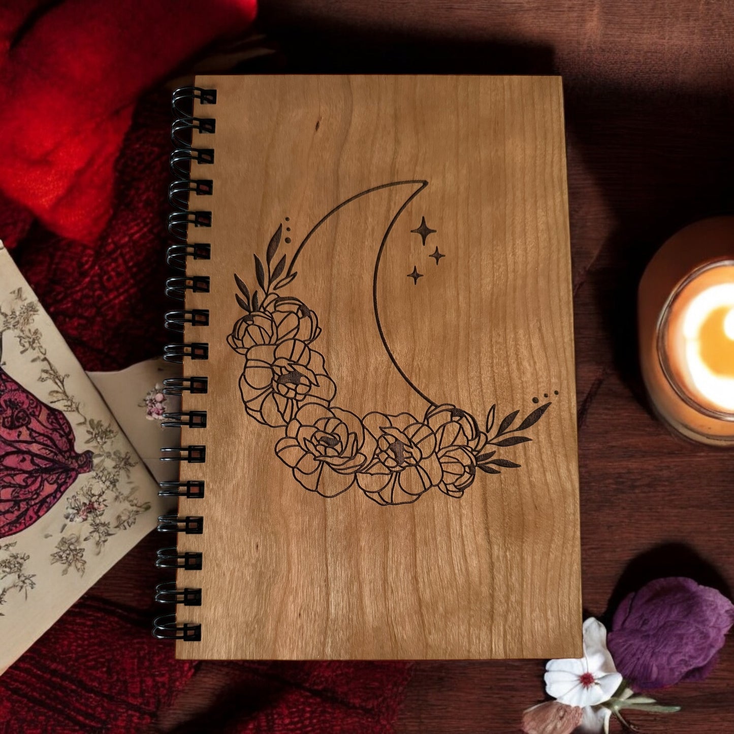 Floral Moon Engraved Wood Notebook