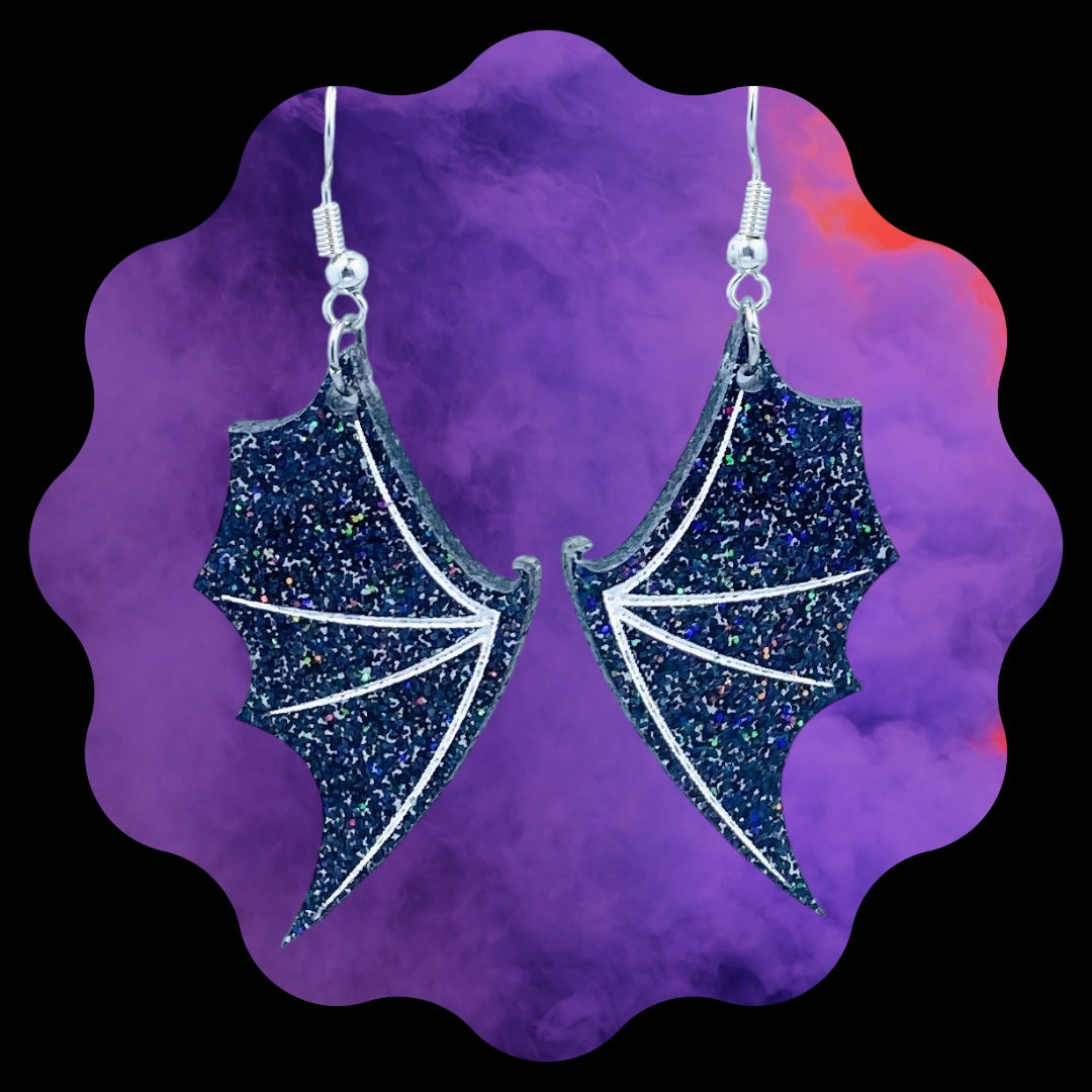 Bat Wing Earrings- Black Holographic Glitter