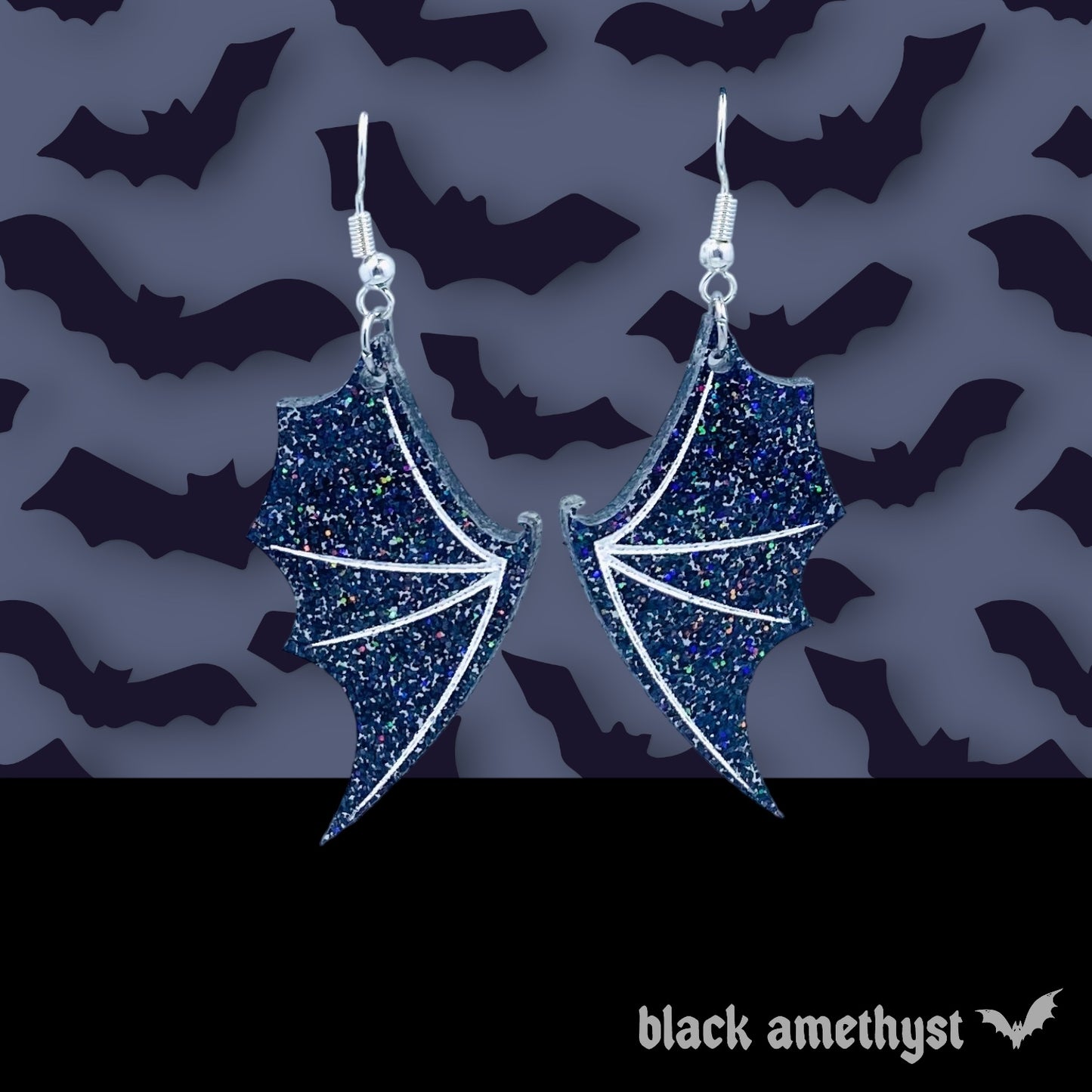 Bat Wing Earrings- Black Holographic Glitter