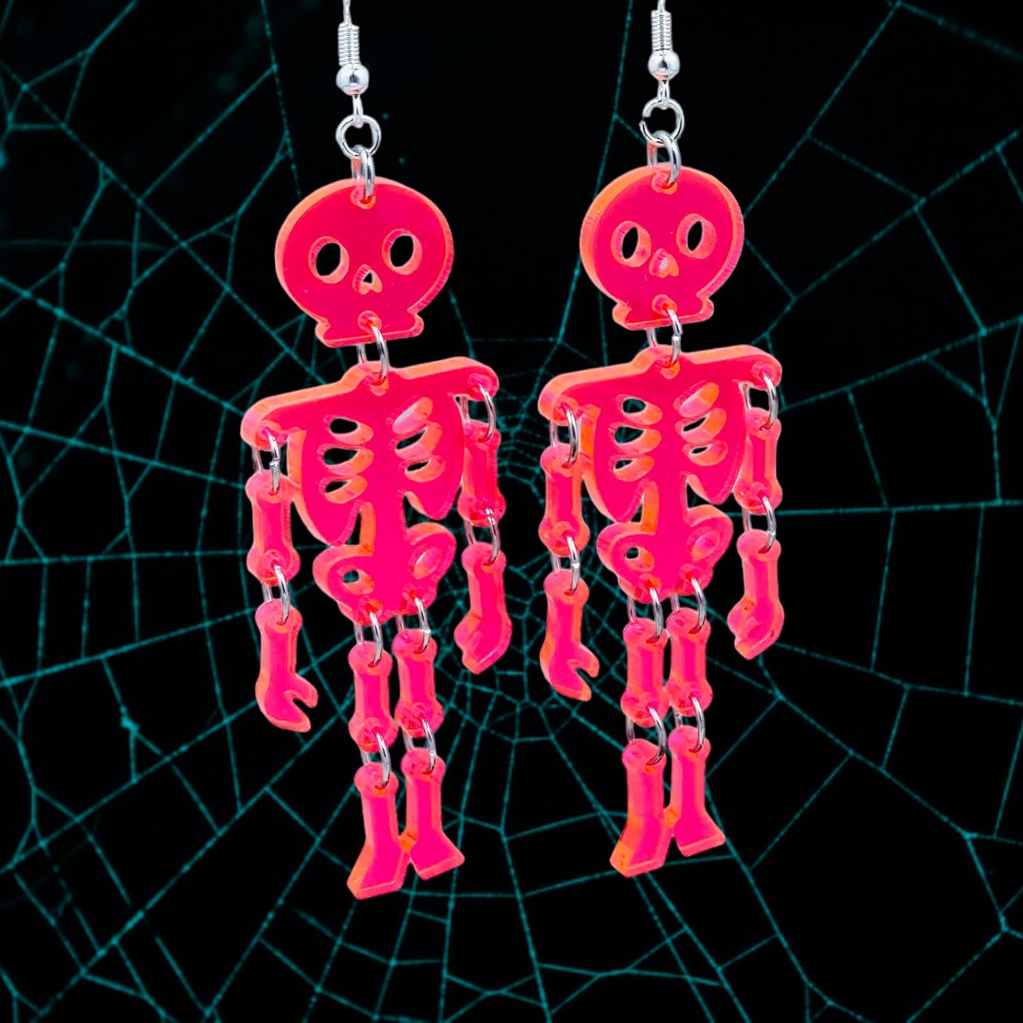 Neon Orangey Pink Skeleton Dangle Earrings