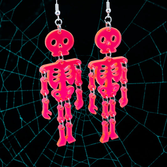 Neon Orangey Pink Skeleton Dangle Earrings