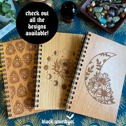 Floral Moon Engraved Wood Notebook