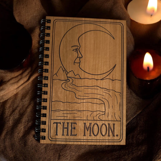 The Moon Tarot Card Engraved Wood Notebook