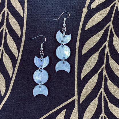 White Lilac Sparkle Triple Moon Dangle Earrings