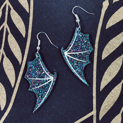 Bat Wing Earrings- Dark Grey Holographic Glitter