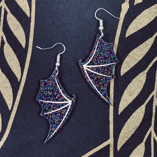 Bat Wing Earrings- Black Holographic Glitter