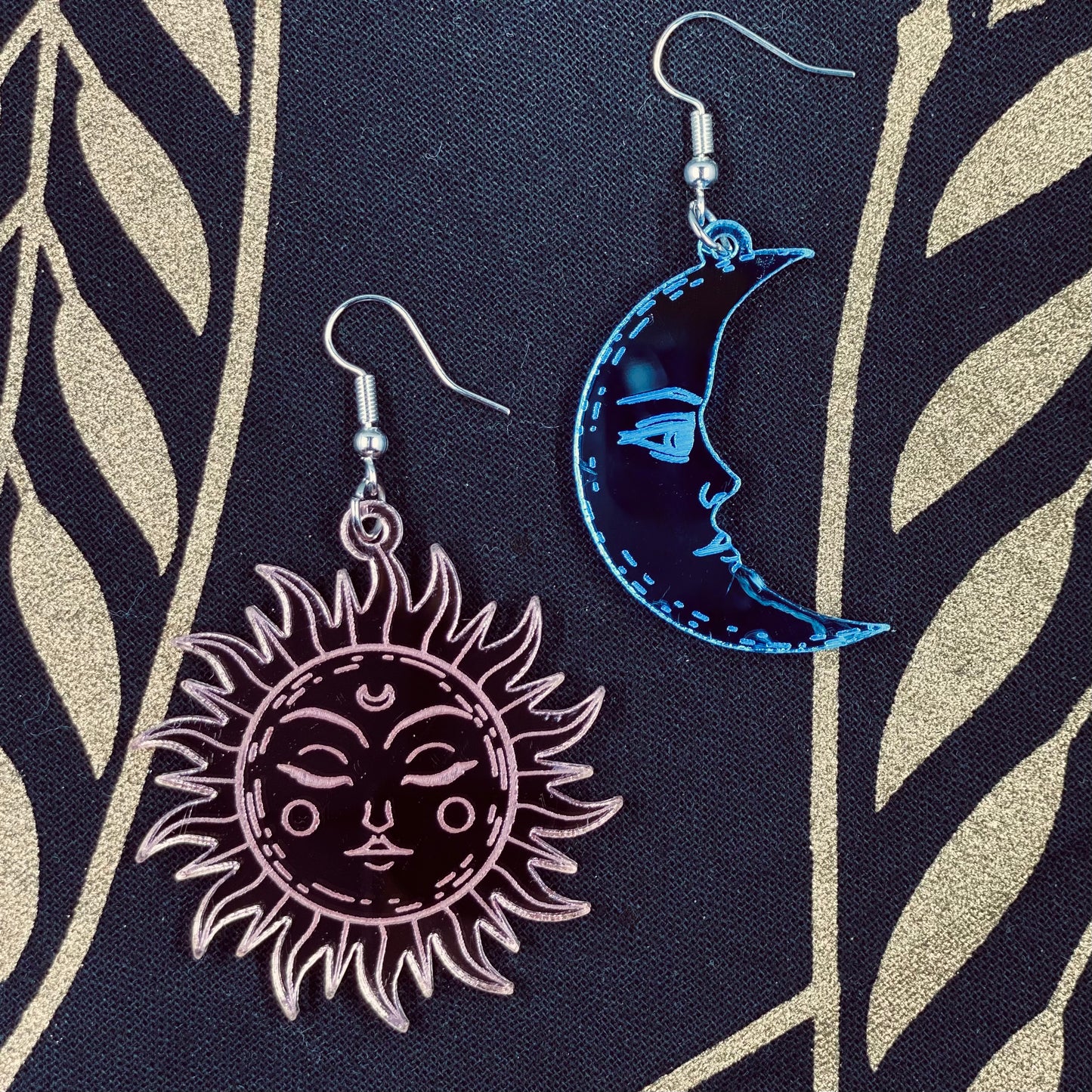 Blush and Blue Sun and Moon Mirror Earrings