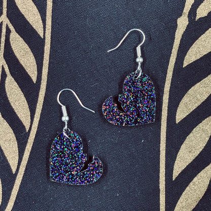 Black Glitter Broken Heart Earrings