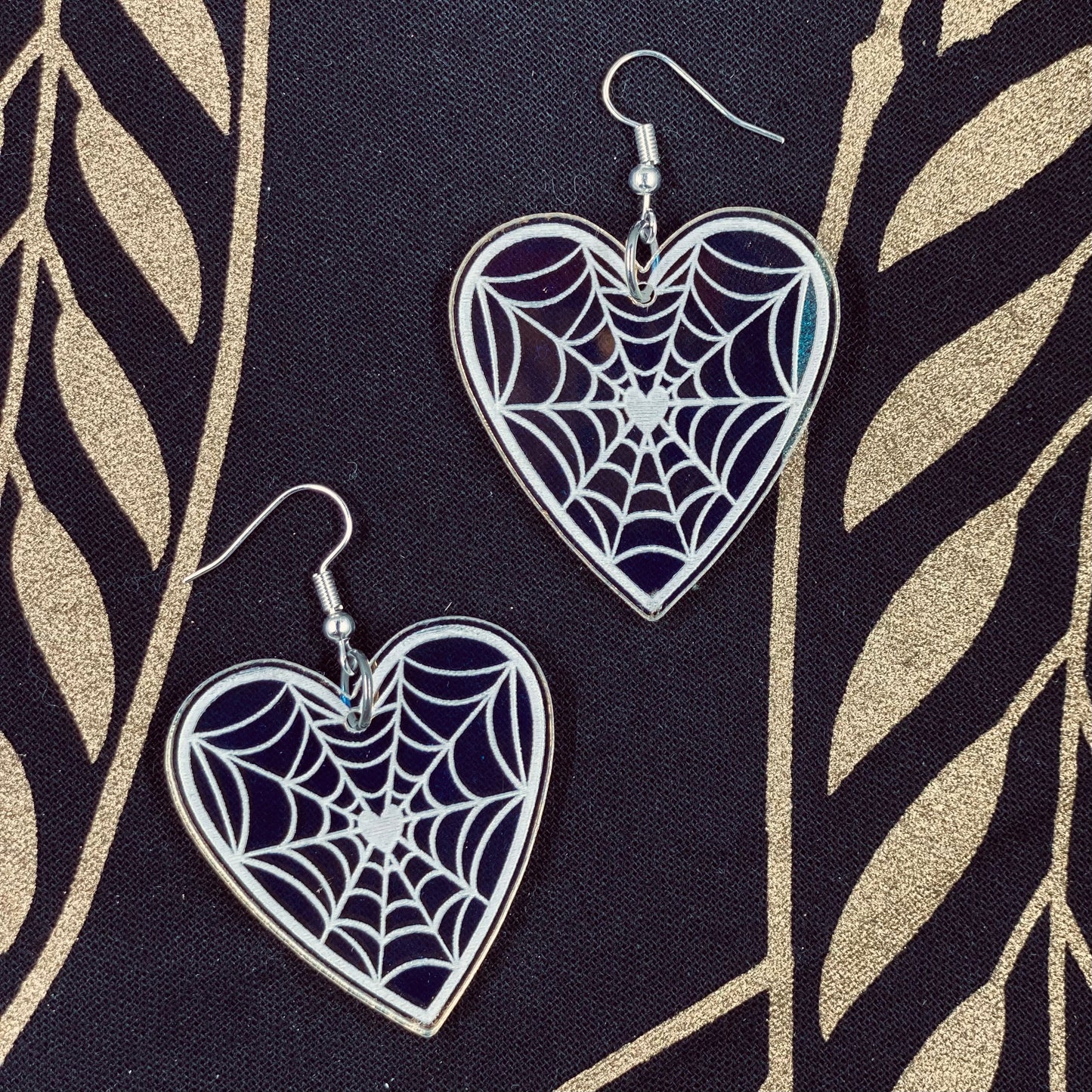 Iridescent Spiderweb Heart Earrings