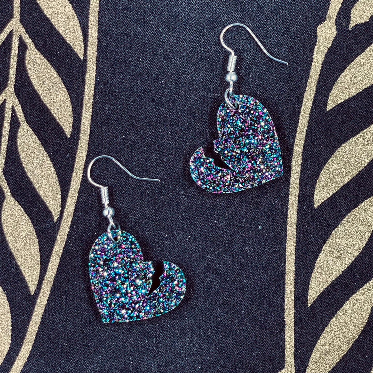 Holo Black Glitter Broken Heart Earrings