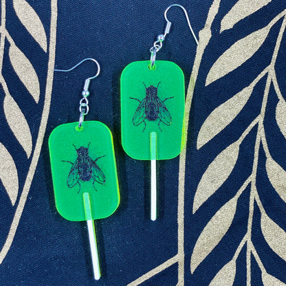 Neon Green Fly Lollipop Bug Earrings