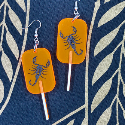 Neon Orange Scorpion Lollipop Bug Earrings