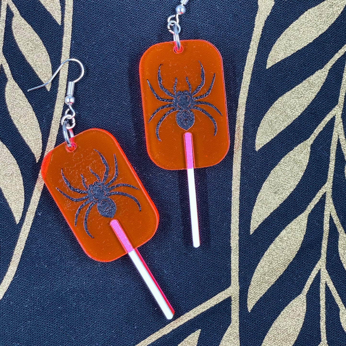 Neon Orangey Pink Spider Lollipop Bug Earrings