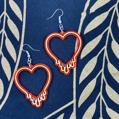 Neon Orangey Pink Drippy Heart Earrings