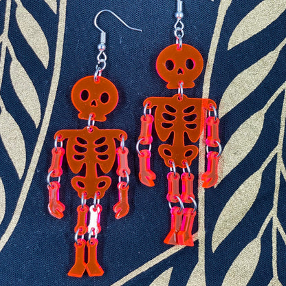 Neon Orangey Pink Skeleton Dangle Earrings