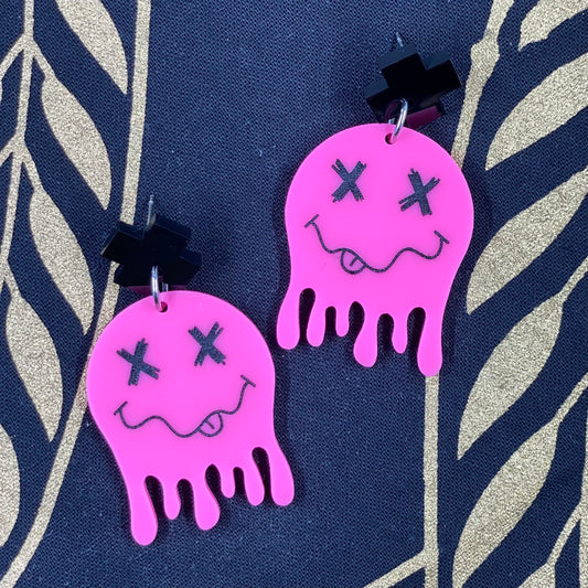 Pink Drippy Smiley Face Earrings