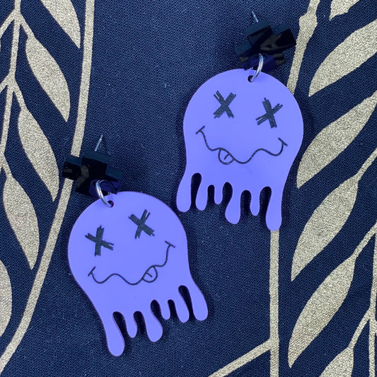 Purple Drippy Smiley Face Earrings