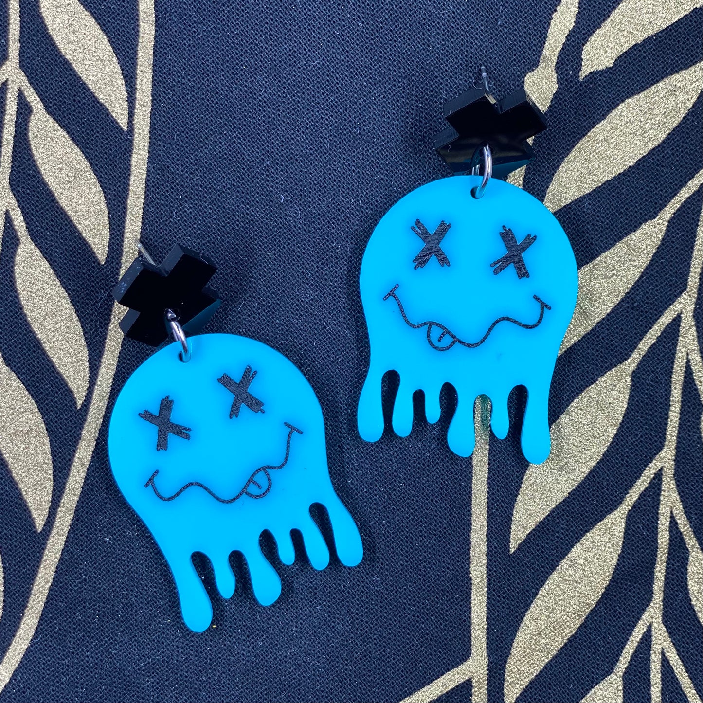 Blue Drippy Smiley Face Earrings