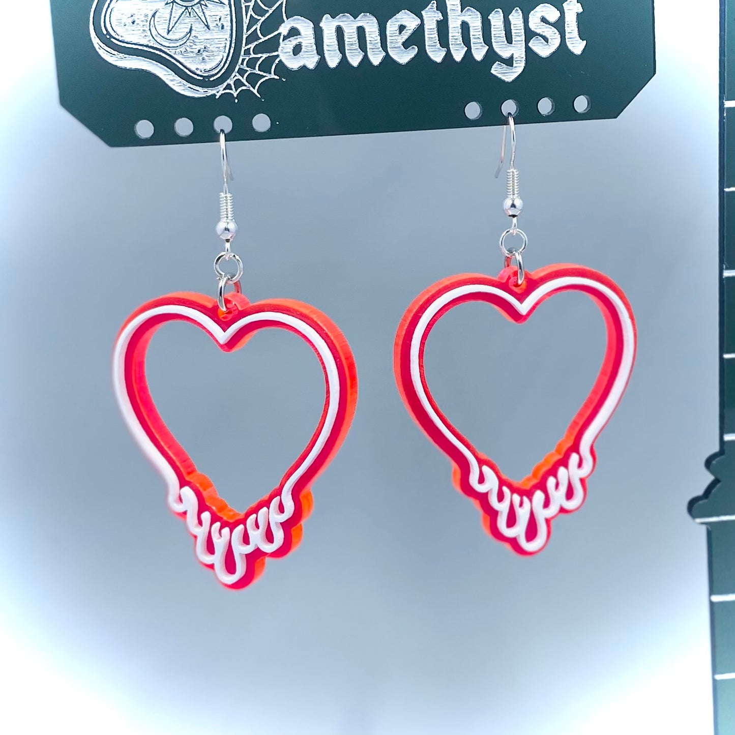 Neon Orangey Pink Drippy Heart Earrings