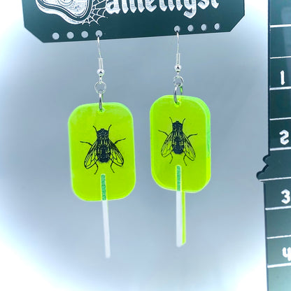 Neon Green Fly Lollipop Bug Earrings