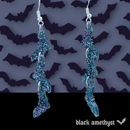 Bat Dangle Earrings- Dark Grey Holographic Glitter