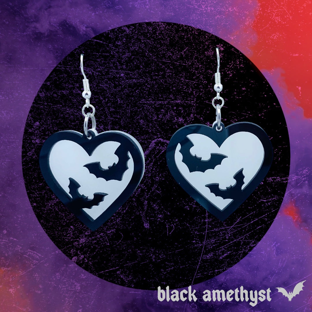 Glow in the Dark Bat Heart Earrings