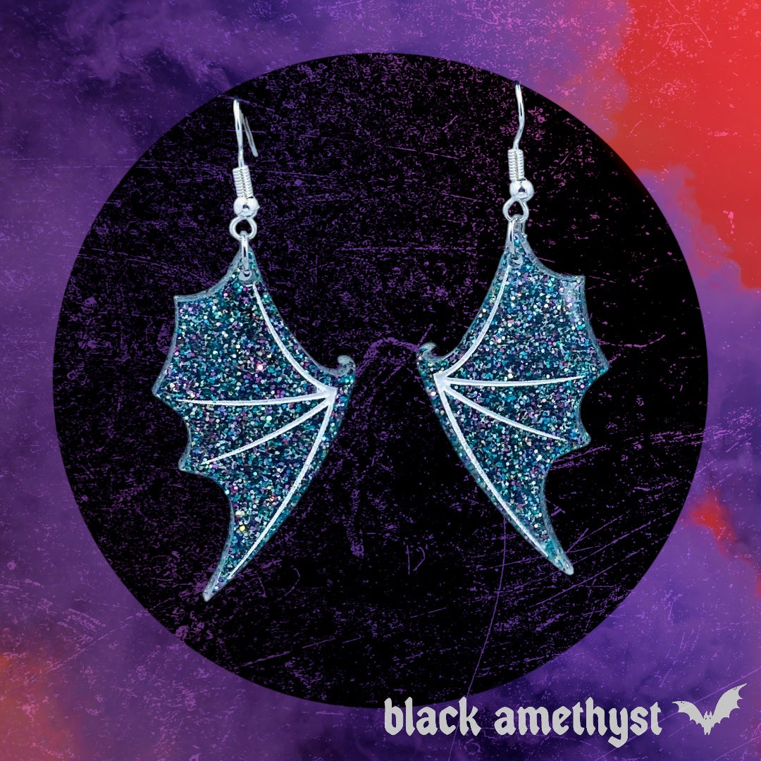 Bat Wing Earrings- Dark Grey Holographic Glitter