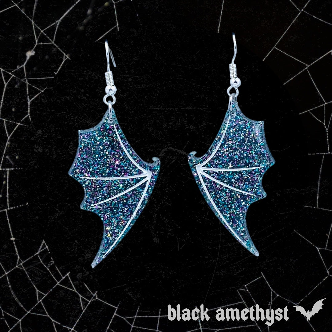 Bat Wing Earrings- Dark Grey Holographic Glitter