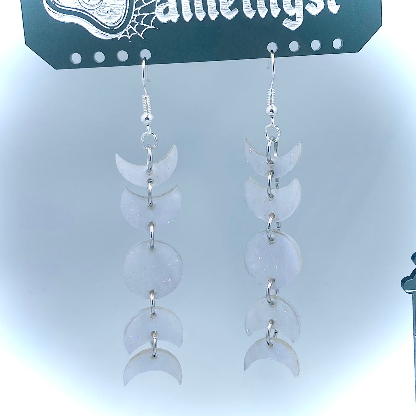 White Lilac Sparkle Moon Phases Dangle Earrings