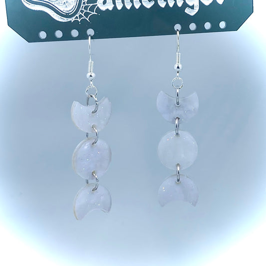 White Lilac Sparkle Triple Moon Dangle Earrings