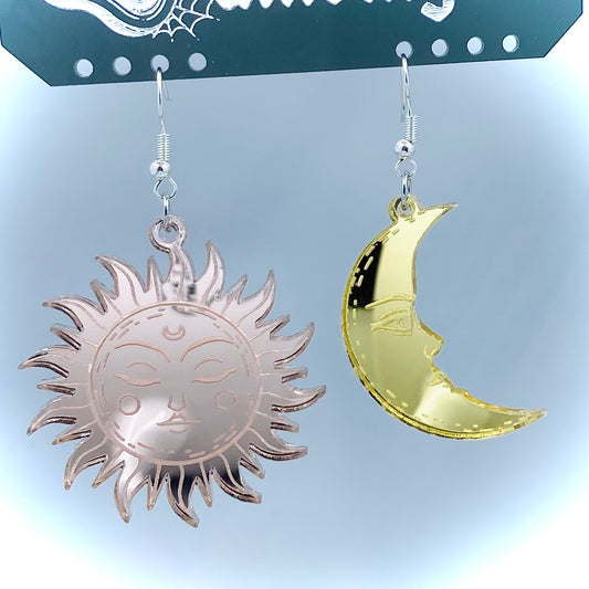 Rose Gold and Light Gold Sun and Moon Mirror Earrings