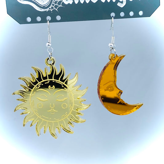 Gold and Bronze Sun and Moon Mirror Earrings