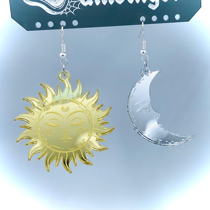 Gold and Silver Sun and Moon Mirror Earrings