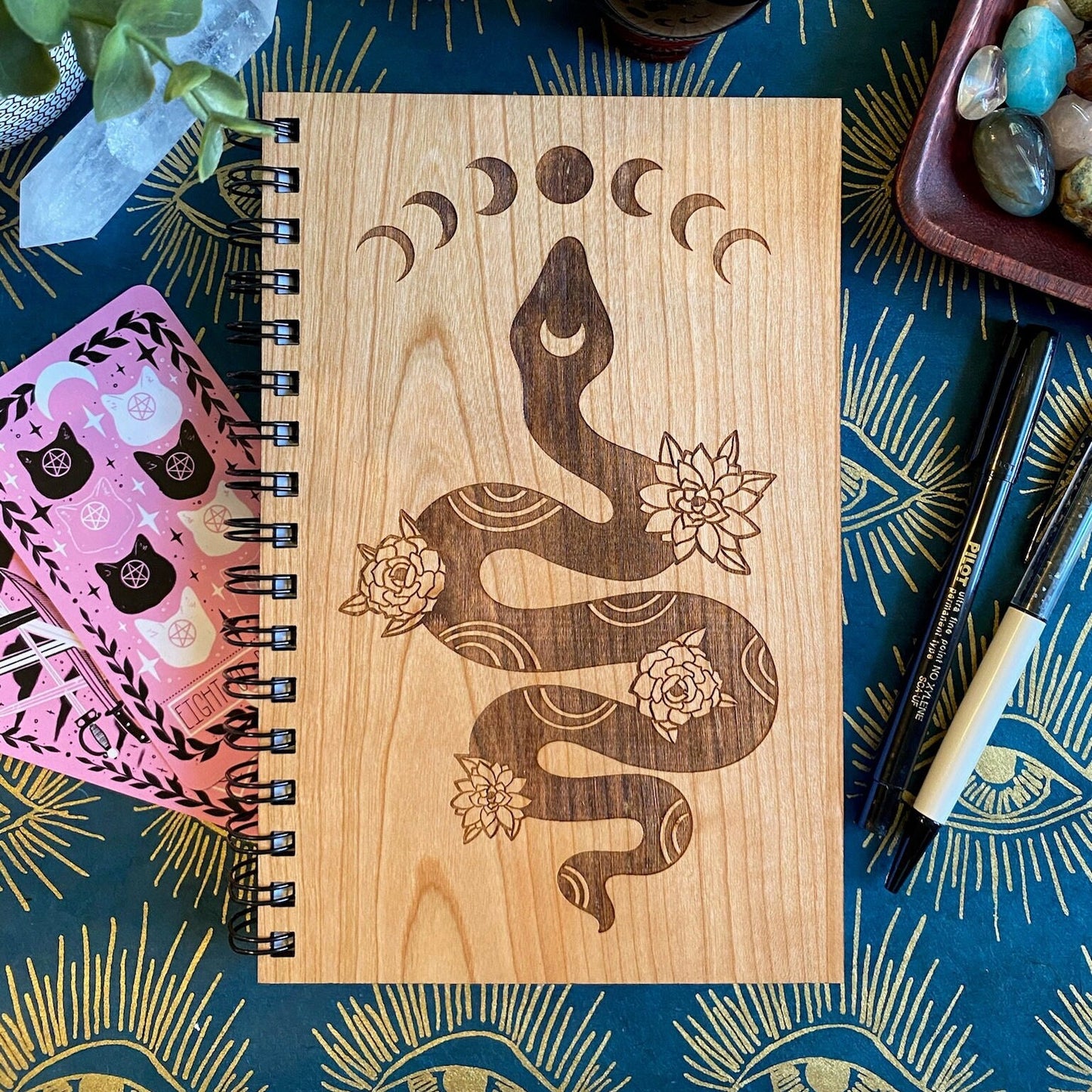 Floral Mystic Snake Engraved Wood Notebook | Spiral Bound Journal | Wooden Cover Sketchbook | Gift for Witch | Yule Gift | Witchy Gift