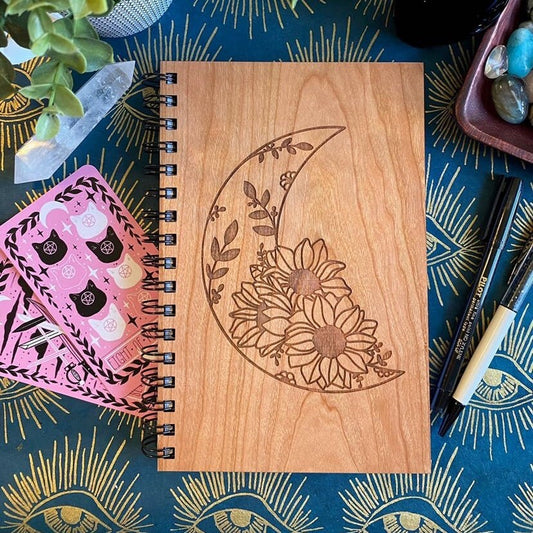 Floral Moon Engraved Wood Notebook | Spiral Bound Journal | Wooden Cover Sketchbook | Gift for Pagan | Goth Gift | Spellbook, Grimoire Gift