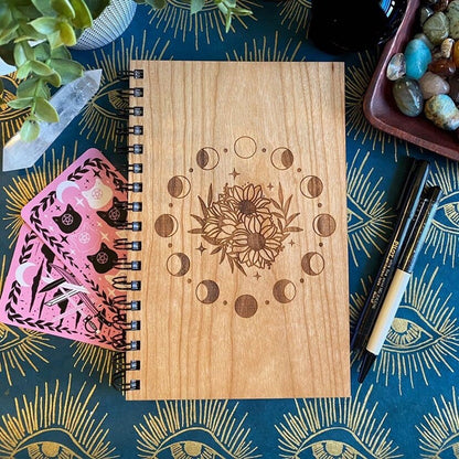 Sunflower Moon Phases Engraved Wood Notebook | Spiral Bound Journal | Wooden Cover Sketchbook | Gift for Witch | Pagan Gifts | Moon Journal