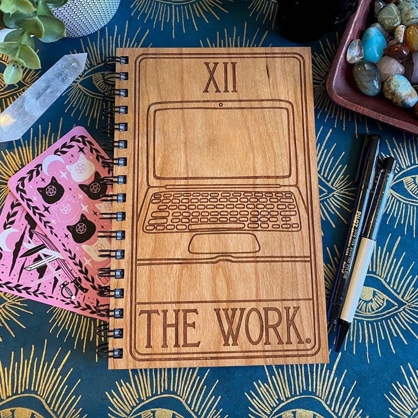 The Work Tarot Engraved Wood Notebook | Spiral Bound Journal | Wooden Cover Sketchbook | Gift for Coworker | Office Gifts | Gift for Boss