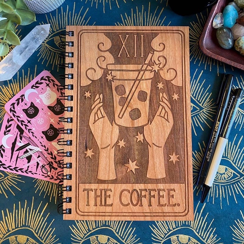 Iced Coffee Tarot Engraved Wood Notebook | Spiral Bound Journal | Wooden Cover Sketchbook | Gift for Coffee Lover | Caffeine Lover Gift