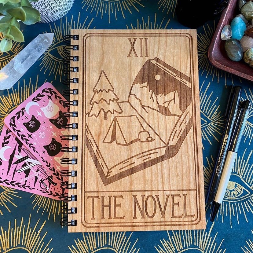 Novel Tarot Engraved Wood Notebook | Spiral Bound Journal | Wooden Cover Sketchbook | Gift for Writer | Gift for Author | Bookworm Gift