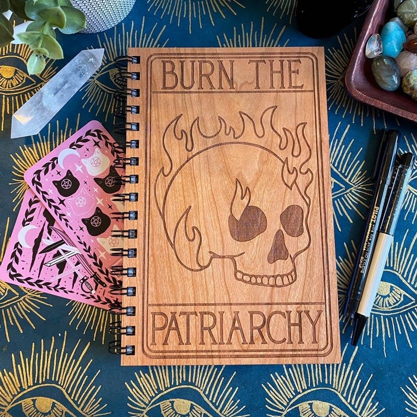 Burn the Patriarchy Engraved Wood Notebook | Spiral Bound Journal | Wooden Cover Sketchbook | Gift for Feminist | Woman Empowerment Gift