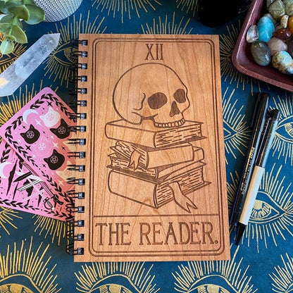 Reader Tarot Card Engraved Wood Notebook | Spiral Bound Journal | Wooden Cover Sketchbook | Gift for Book Lovers | Bookish Gift | Readers