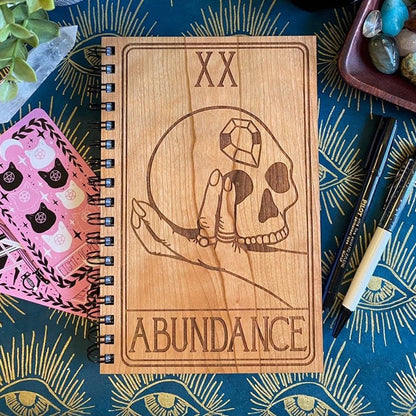 Abundance Skull Engraved Wood Notebook | Spiral Bound Journal | Wooden Cover Sketchbook | Gift for Witch | Manifestation Journal | Budget