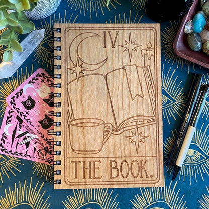 The Book Tarot Engraved Wood Notebook | Spiral Bound Journal | Wooden Cover Sketchbook | Gift for Reader | Bookish Gift | Reading Journal