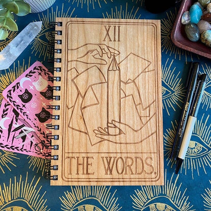 The Words Tarot Engraved Wood Notebook | Spiral Bound Journal | Wooden Cover Sketchbook | Gift for Writer | Author Gift | Gift for Poet