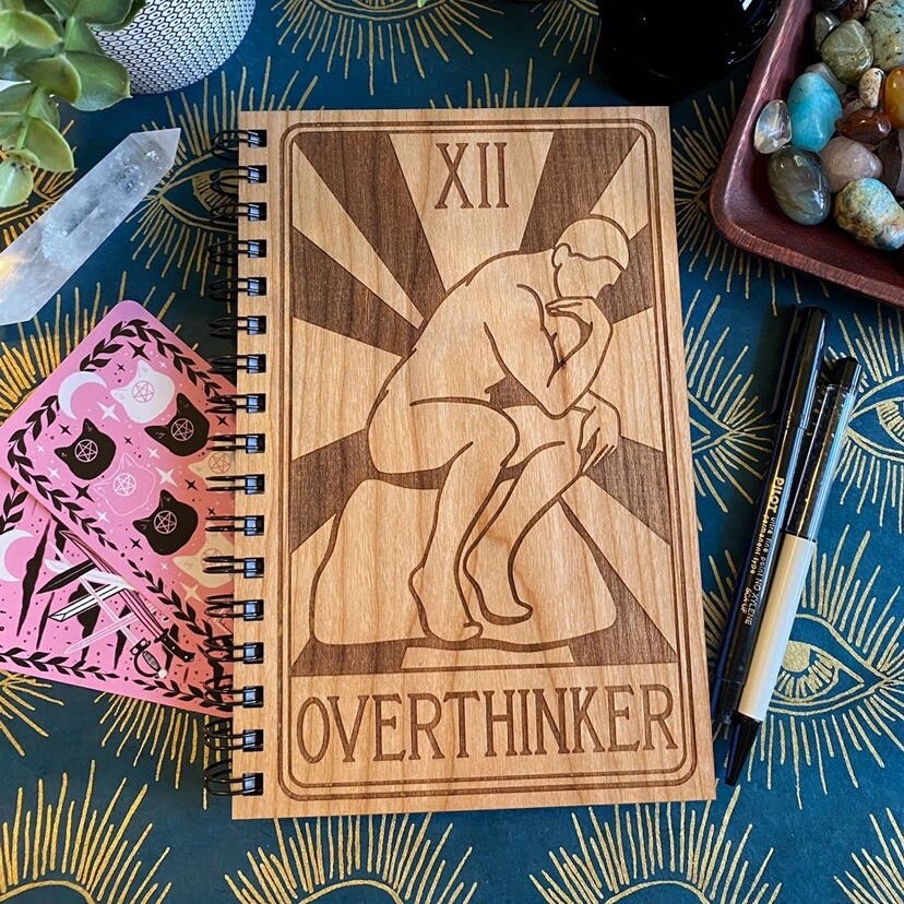 Overthinker Tarot Engraved Wood Notebook | Spiral Bound Journal | Wooden Cover Sketchbook | Anxiety Gift | Mental Health Gift