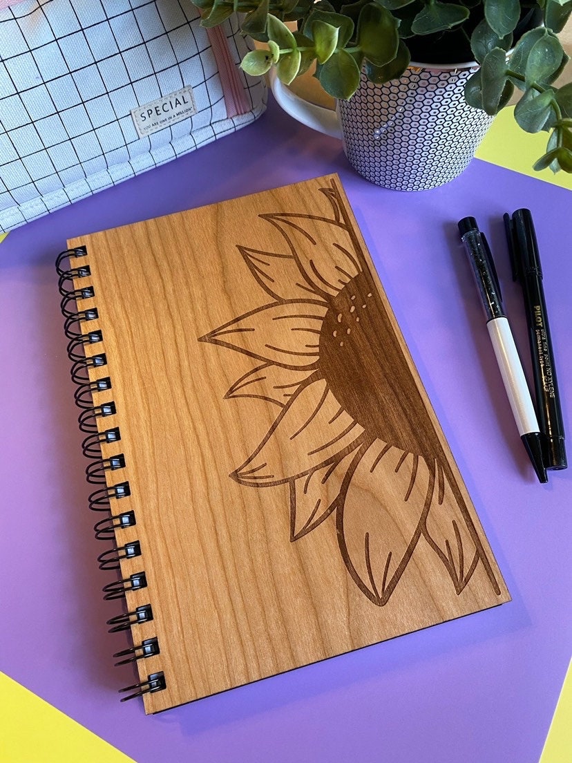 Sunflower Engraved Wood Notebook | Spiral Bound Journal | Wooden Cover Sketchbook | Gift for Her | Country Gifts | Floral Journal