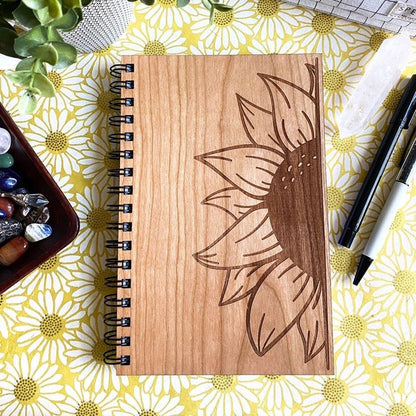 Sunflower Engraved Wood Notebook | Spiral Bound Journal | Wooden Cover Sketchbook | Gift for Her | Country Gifts | Floral Journal